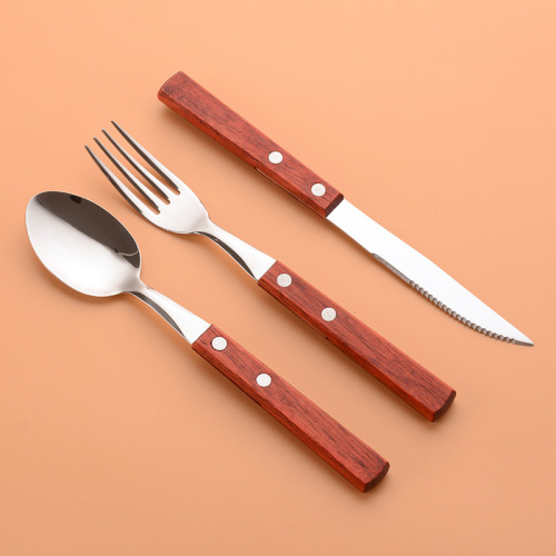 Amazon Best Seller Set of Wooden Handle Steak Knife, Fork, and Spoon with 304 Stainless Steel - Western Cuisine Gift with Logo