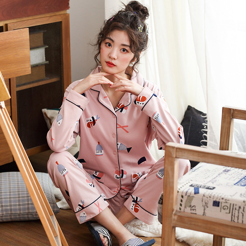 Pijamas de algodón 100% de doble cara para mujer Primavera y otoño de manga larga estudiante coreano invierno confinamiento ropa para el hogar traje