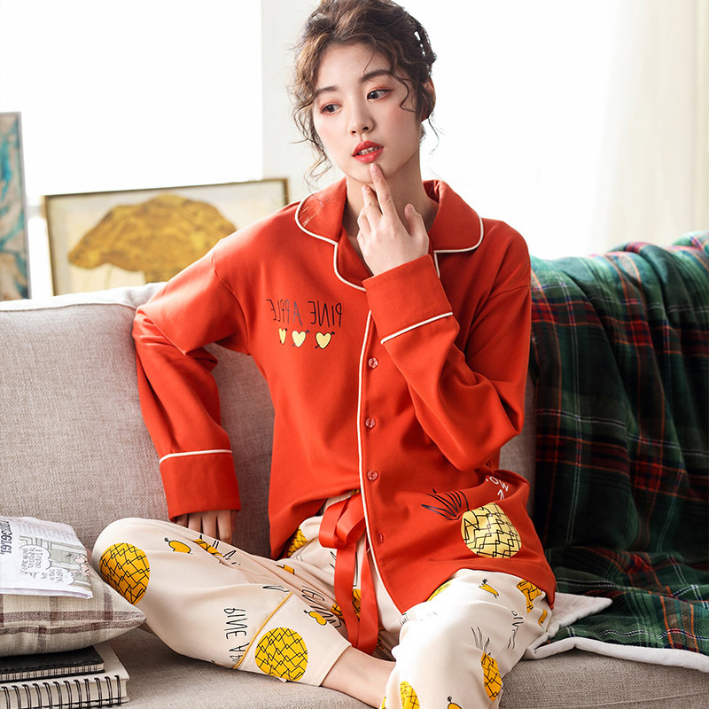 Cardigan de algodón para mujer Pijamas PRIMAVERA/otoño/invierno suelto 100% algodón de dibujos animados desgaste del hogar ocio traje de dos piezas