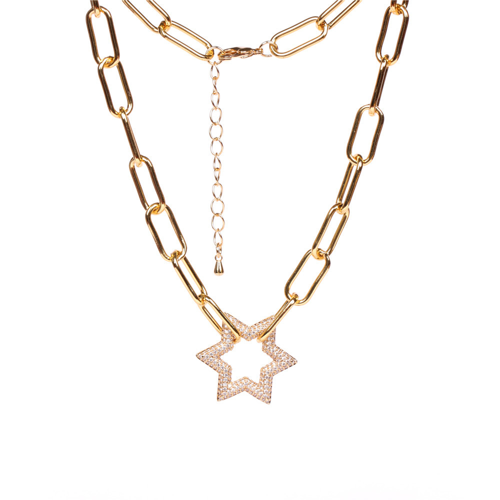 Hot Sale New Hip-hop Style Full Diamond Hexagonal Star Pendant Lock Thick Necklace display picture 4