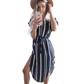 速卖通ebay欧美新款条纹短袖系带不规则开叉连衣裙中长裙