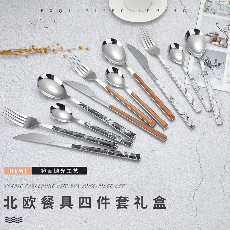 Korean Marble Stainless steel Cutlery clip Steak knife Fork spoon suit hotel Western tableware Cross border wholesale