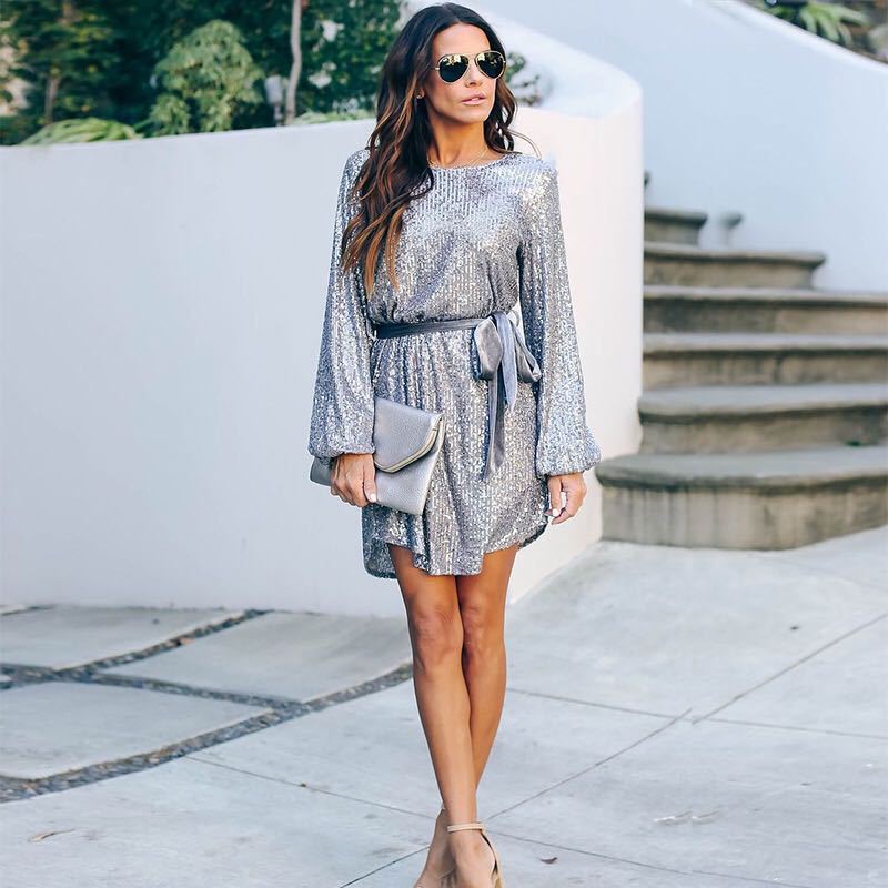 欧美跨境女装亚马逊爆款2020秋季修身灯笼袖圆领腰带亮片连衣裙女|ru