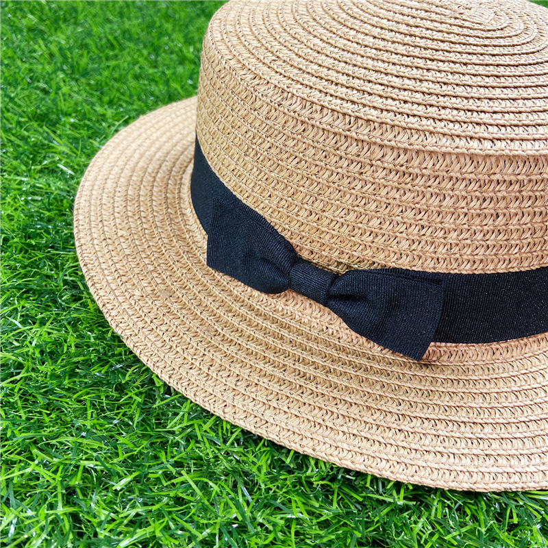 Korean Straw Hat Shading Hat Summer Flat-brimmed Bow Straw Flat Top Hat display picture 2