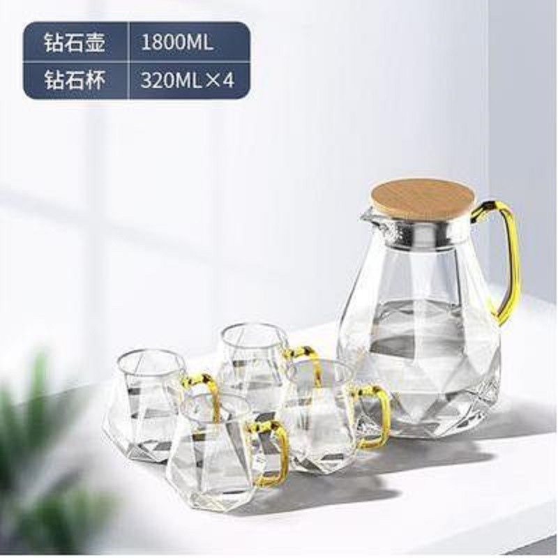 Fábrica al por mayor diamante botella de agua fría gran capacidad vidrio borosilicato resistente al calor botella de agua fría hogar taza de agua hervida conjunto