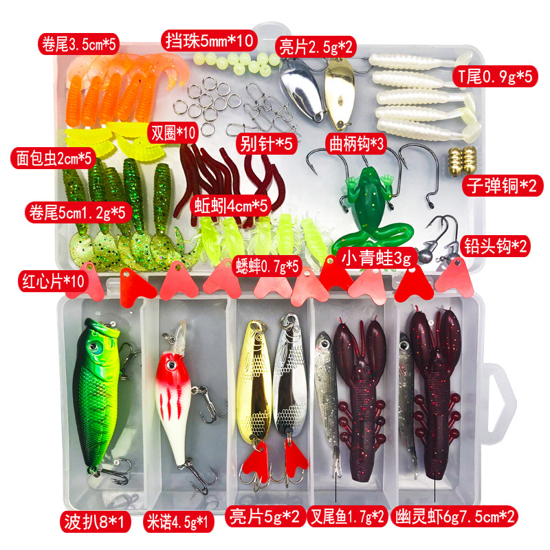 Bait Kit Freshwater Bait Kit Bass Salmon Tackle Kit Includes Spoon Bait Soft Plastic Worms Crank Bait Hook Tackle Box