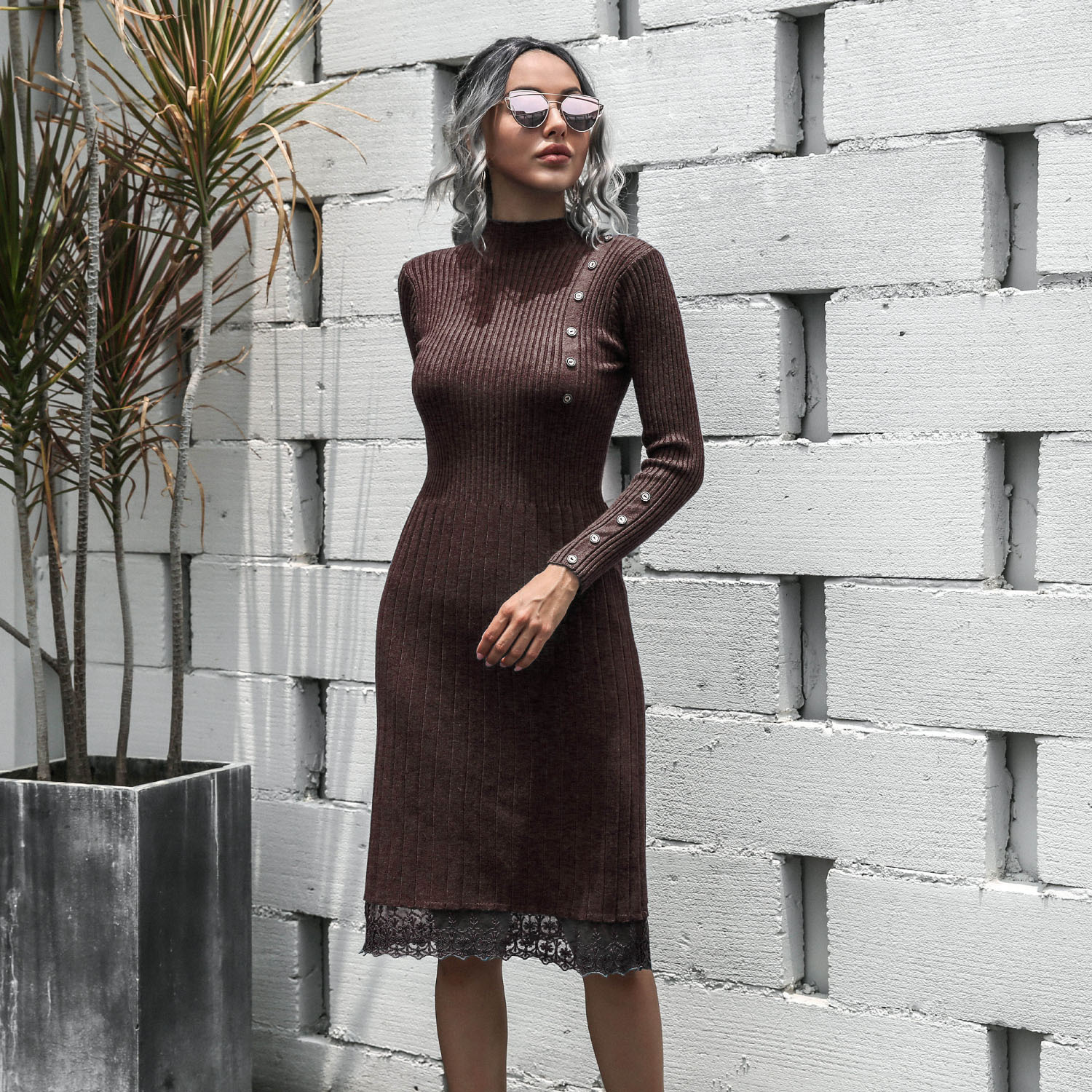 women s autumn and winter new fashion casual knitted lace sweater dress NSMY15955