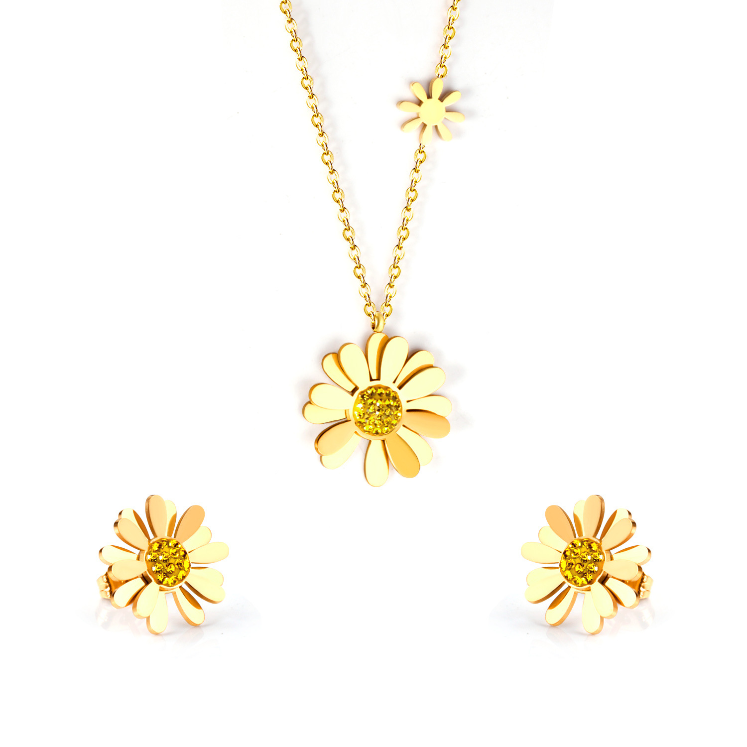 Simple Style Flower Stainless Steel Inlay Zircon Earrings Necklace 1 Set