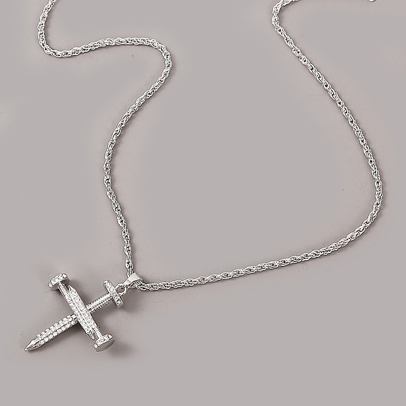 Exaggerated Nail-shaped Rhinestone Cross Hip-hop Necklace Neutral Long Pendant Wholesale Nihaojewelry display picture 9