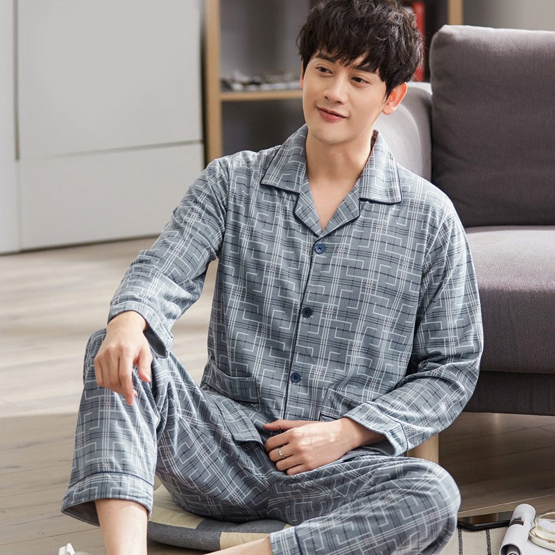 100% pijamas de algodón de los hombres de primavera y otoño de manga larga de dos piezas con cuello en V cardigan 2022 nuevo desgaste del hogar traje de invierno