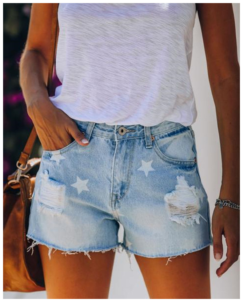 ripped mid-waist star pattern raw edge denim shorts nihaostyles wholesale clothing NSJRM81830