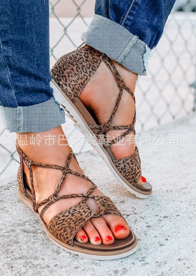 2020 cross border Large Size New Amazon leopard sandals women's cross border anti slip popular wish flat sandals