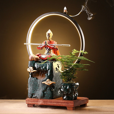 创意中式LED灯流水器摆件禅意大圣流水招财加湿器办公室客厅摆件|ru