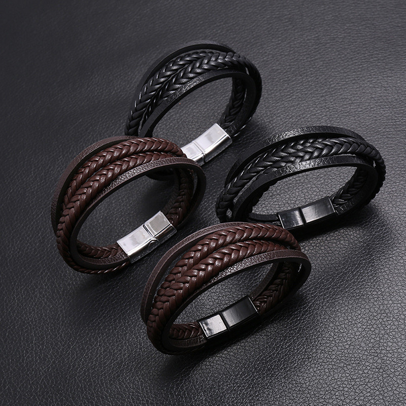 Men's Leather Bracelet, Multi-layer Woven Wristband With Magnetic Clasp_voghion.com