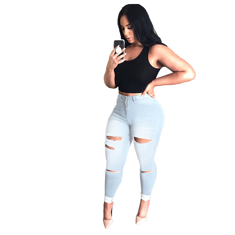 plus size high stretch hole slim jeans nihaostyles wholesale clothes NSWL92377