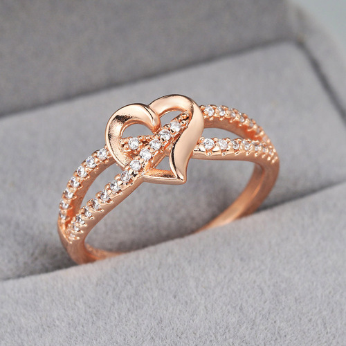 Hazy Moon European and American Fashion Heart Shape Women's Engagement Ring Zircon Micropaved Real Gold Plated Cross-Border Accessories Wholesale