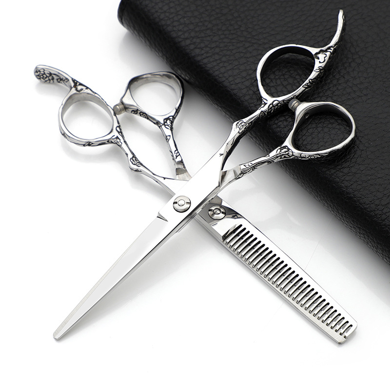 厂家批发 高档梅花柄6.0寸专业理发剪 平剪打薄美发工具 定制LOGO