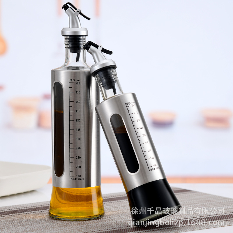 Botella de aceite de acero inoxidable controlable con escala aceite olla salsa vinagre cocina vino líquido condimento botella de vidrio logotipo impreso