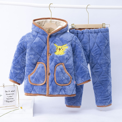 儿童冬季三层夹棉长毛绒睡衣男女童家居服宝宝珊瑚绒套装|ms