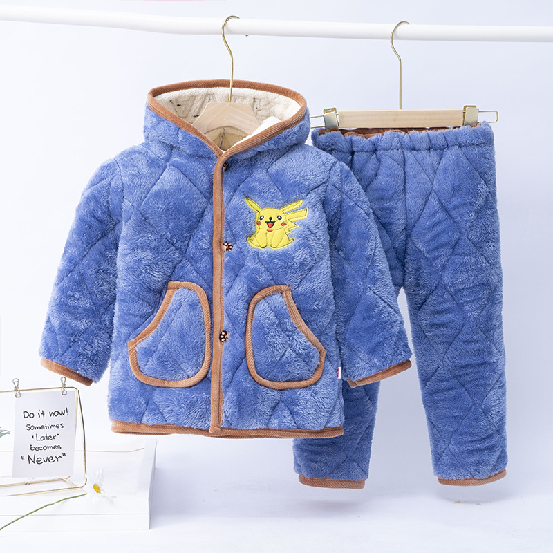 儿童冬季三层夹棉长毛绒睡衣男女童家居服宝宝珊瑚绒套装|ms