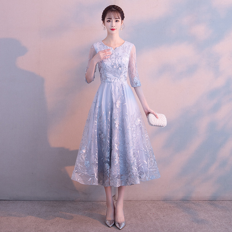 Small evening dress women's banquet temperament can be worn at ordinary times simple and elegant mid-length gray evening dress dress
