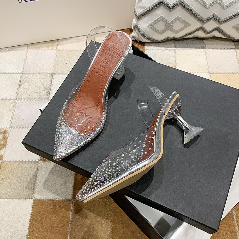 Women 2024 summer new Korean style transparent rhinestone stiletto heel pointed toe large size outer wear sandals_voghion.com