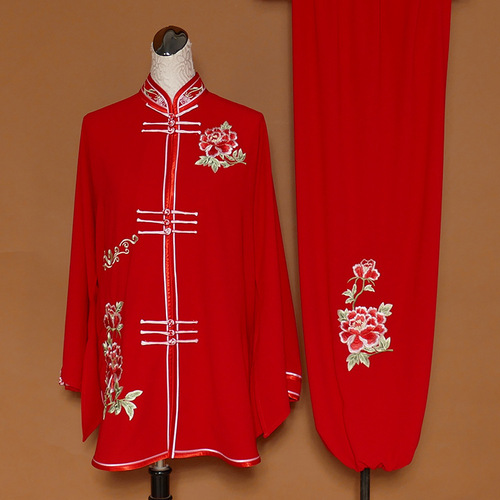 Tai chi clothing chinese kung fu uniforms Embroidered peony dress, training dress, women double button dahongtai performance costume, Xingguang hemp three piece set