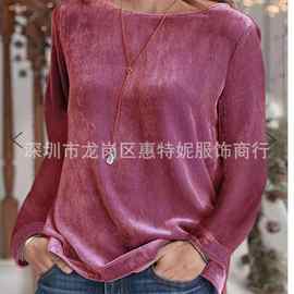 2020秋冬亚马逊wish外贸欧美休闲纯色套头圆领百搭宽松金丝绒卫衣