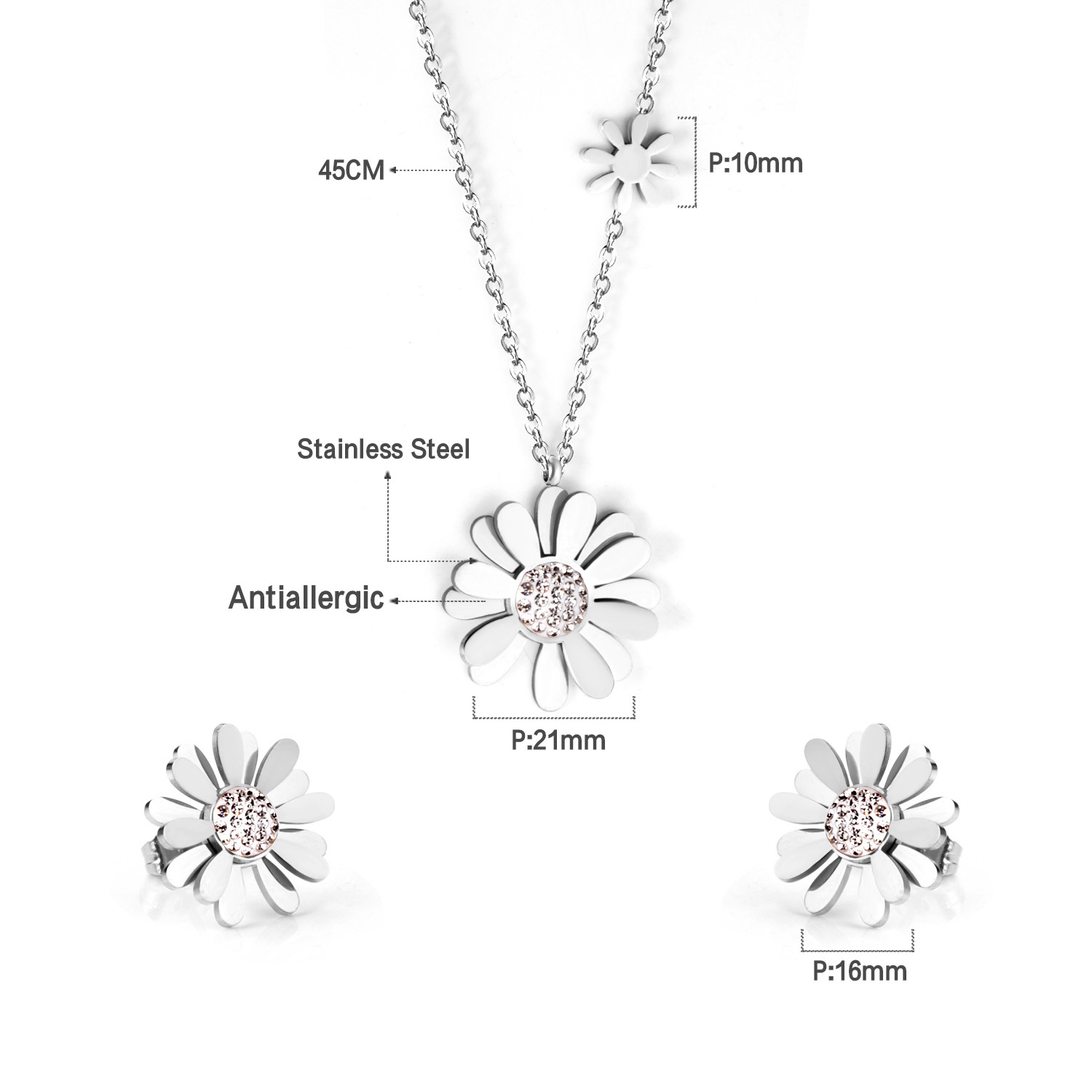 Simple Style Flower Stainless Steel Inlay Zircon Earrings Necklace 1 Set