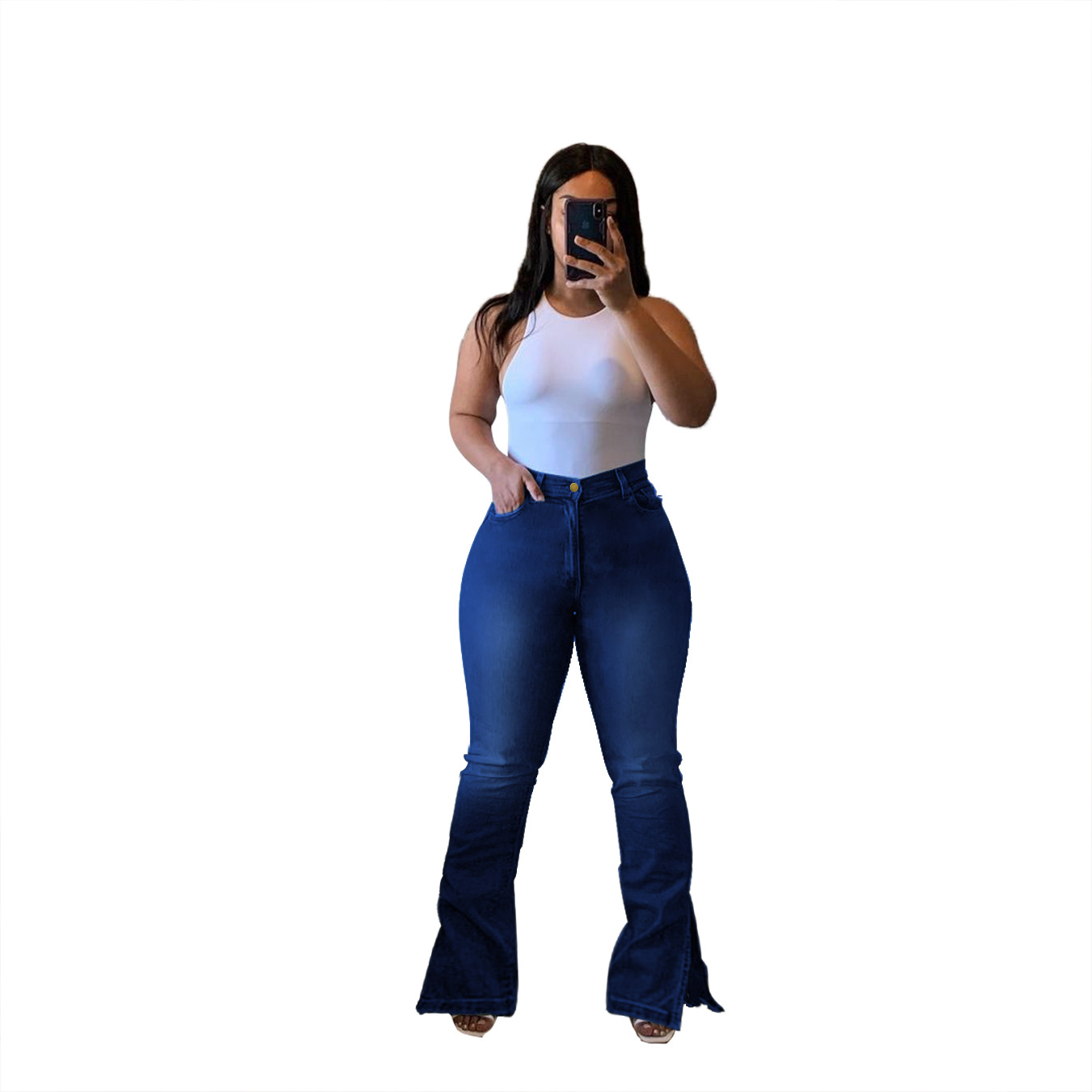 Plus Size High-Waist Slim-Fit Split Flared Jeans NSWL97547