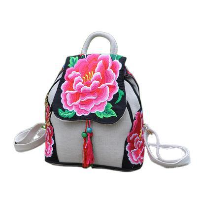 En stock 2023 verano nuevo estilo étnico bolsa de lona de las mujeres floral bordado bolsa casual mochila ventas directas de la fábrica