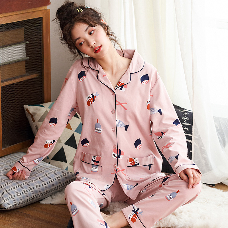 Pijamas de las mujeres de primavera y otoño de manga larga traje puro algodón más tamaño placket hebilla abierta suelta desgaste del hogar Otoño e Invierno moda
