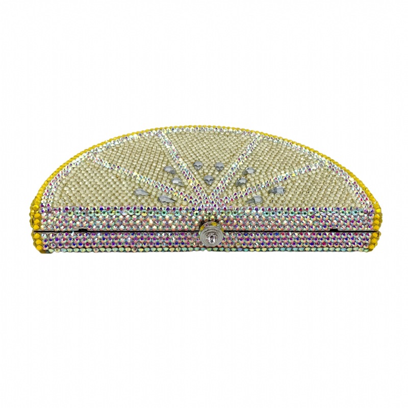 Túi clutch nữ đính đá hình quả chanh, hộp cứng kim cương đáy phẳng, kèm dây xích 48 cm — Màu vàng chi tiết 6