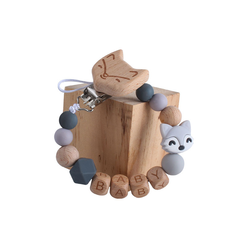 Bebé haya zorro chupete clip de juguete de dibujos animados bebé nombre silicona pequeño zorro mordedor chupete cadena