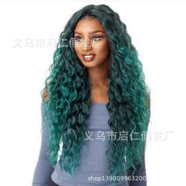 2020新款欧美假发 女士中分染色玉米烫 绿色长卷发 cos 厂家直供