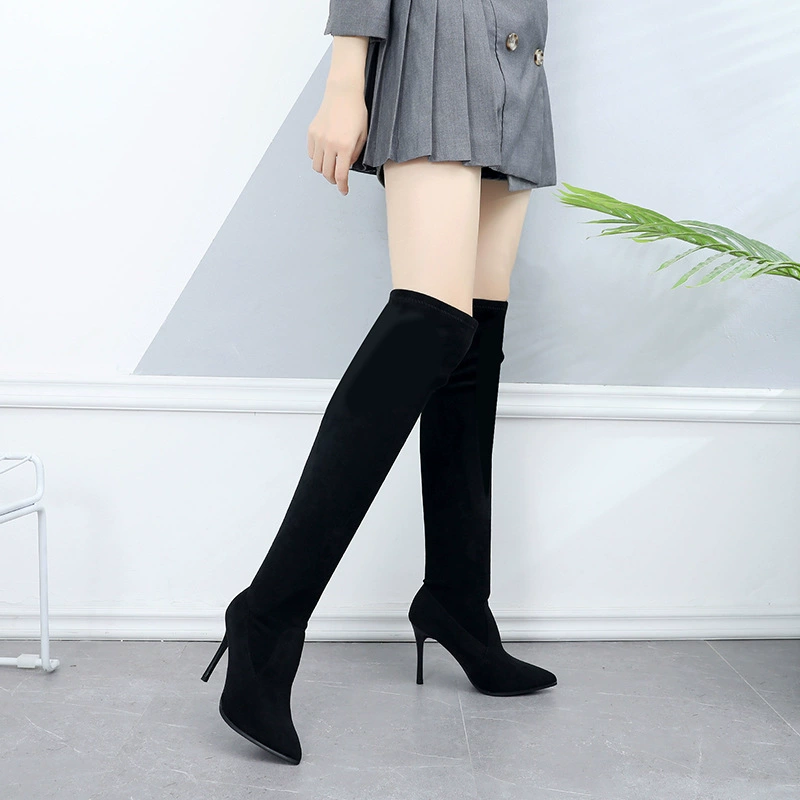 Новые женские длинные сапоги на тонком каблуке, эластичные узкие сапоги выше колена, сапоги на высоком каблуке с острым носом, маленькие мужские сапоги