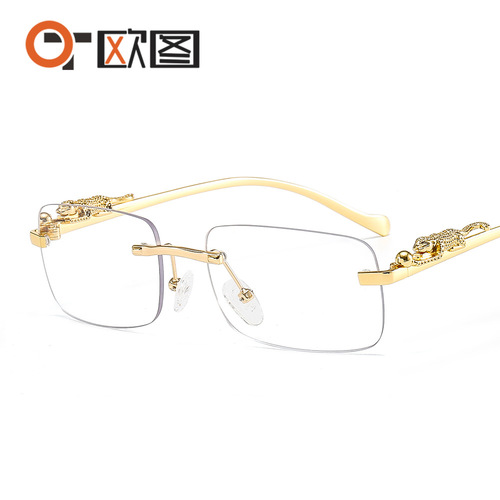 Cheetah Decorated Frameless Square Sunglasses Colored Men's and Women's Retro Leopard Head Metal Sunglasses Cross-Border Wholesale 2572