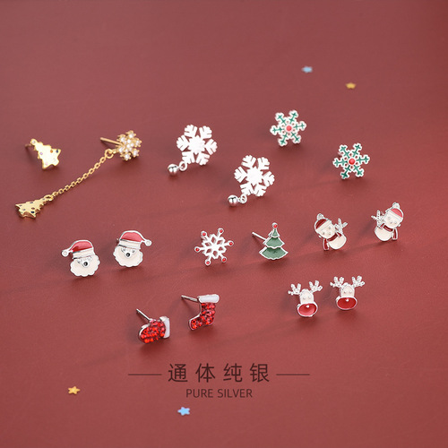 S925 silver diamond dripping oil cute Santa Claus earrings asymmetrical snowflake snowman earrings Christmas gift