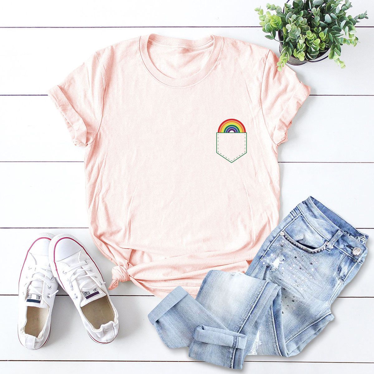 Cute Pocket Rainbow Cotton Short-Sleeved T-Shirt NSSN13840