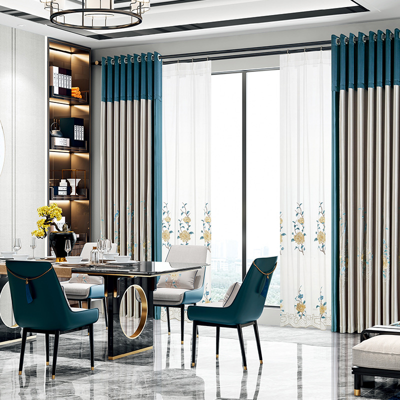 New Chinese style Embroidery villa to ground customized a living room bedroom finished product curtain Customized European window finished product goods in stock