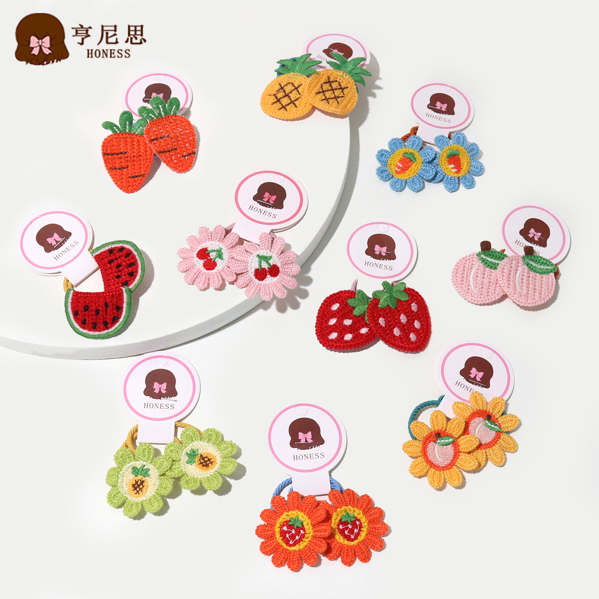 秋冬新款儿童毛线编织皮筋韩版针织刺绣太阳花头绳女童水果发圈