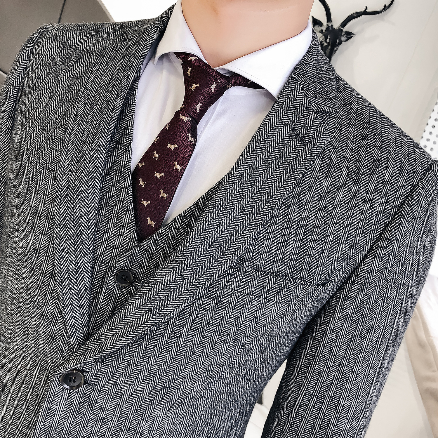 Men's Suit British Slim Fit Wool Herringbone Oblique One-Button Suit Three-Piece Suit Men's Suit Trousers Vest