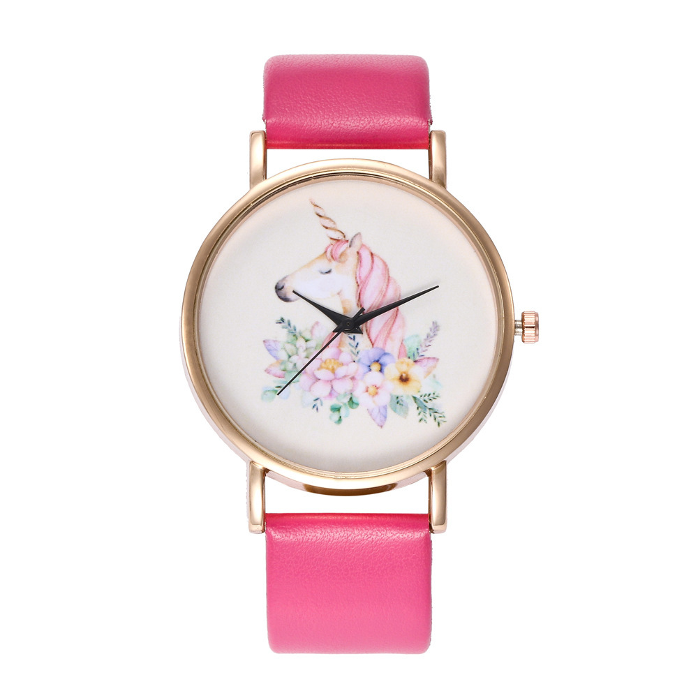 New Rainbow Unicorn Pattern Watch Rose Gold Case Quartz Ladies Glossy Belt Watchpicture6