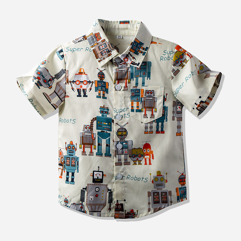 Amazon cross-border foreign trade children's clothing 2023 Summer new European and American style boys short sleeve cartoon robot printed shirt