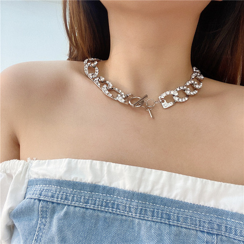 European and American style fashionable Cuban full-diamond chunky chain necklace choker, personality ultra-cool neck chain, trendy clubbing collar