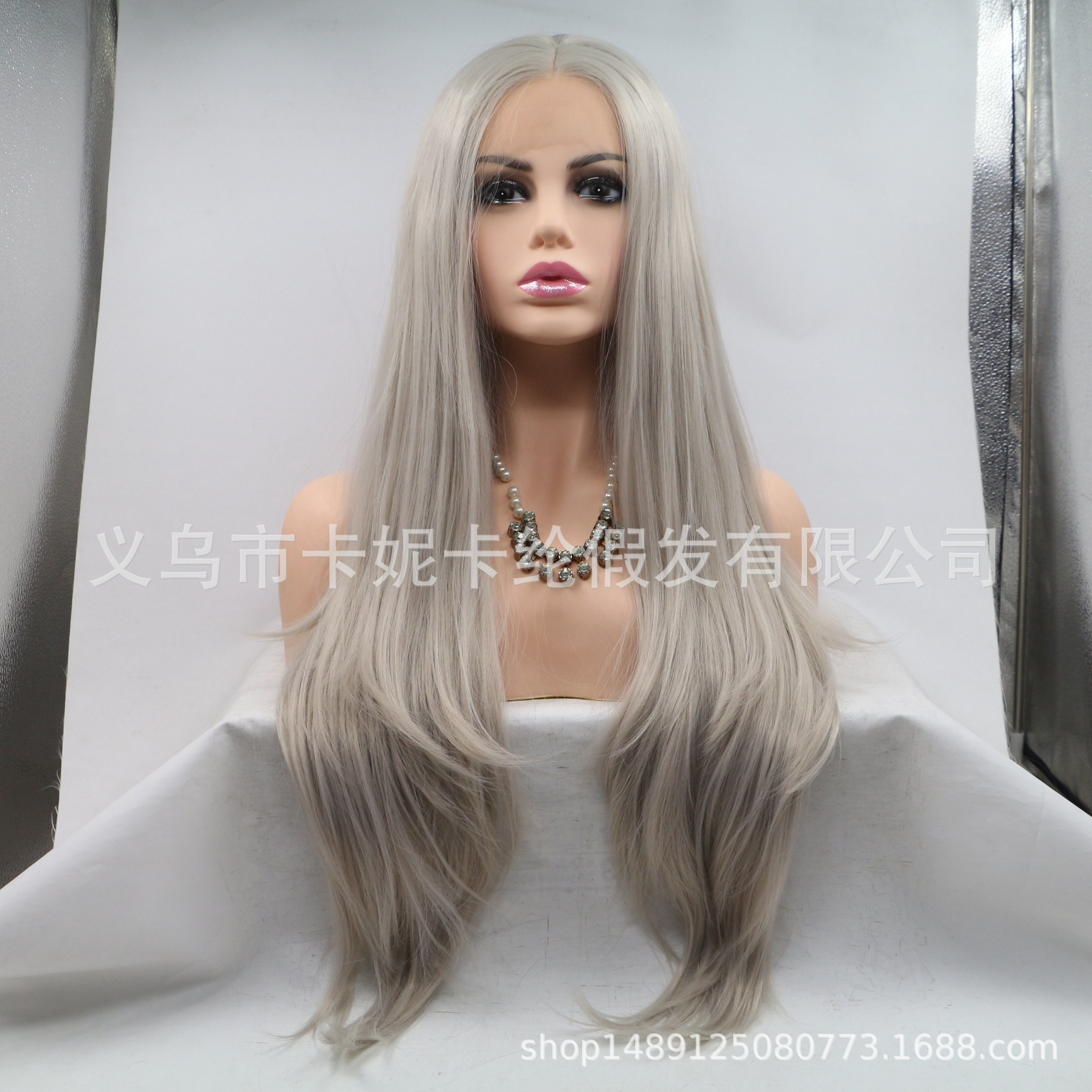 Moda europea y americana, pelo liso de longitud media, peluca de fibra química, tocado femenino, spot al por mayor