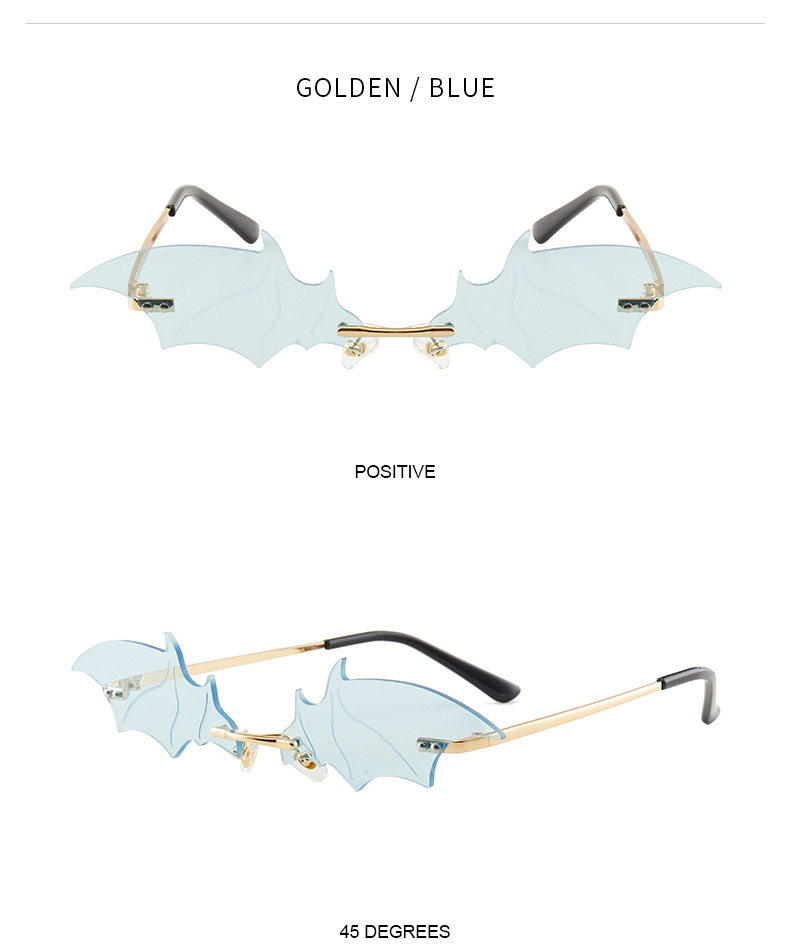 70g Weight Frameless Glasses Structure Sunglasses Classification PC, UV400 Protection Lens Material Special-Shaped Mirror Glasses Style Outdoor, Stage Occasion Halloween Festival Bat Pattern Unisex Gender Streetwear Style Gold Color Streetwear Bat PC UV400 Protection Special-Shaped Mirror Frameless Women's Sunglasses 9