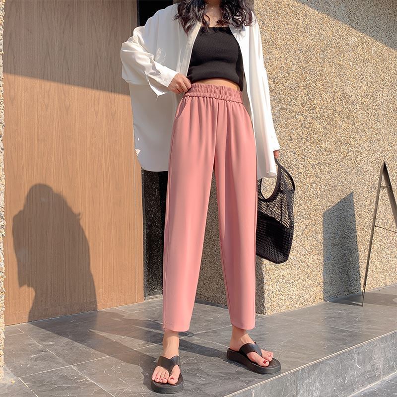 冰丝哈伦裤女夏季跨境韩版新款裤高腰薄款雪纺垂感宽松学生九分裤
