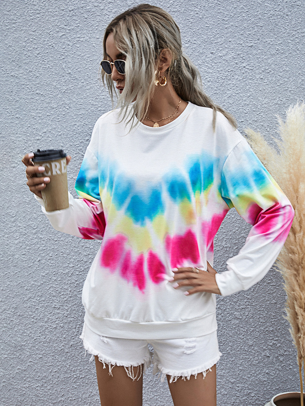 autumn and winter women s new digital printing round neck long-sleeved lazy tie-dye sweater  NSDF910