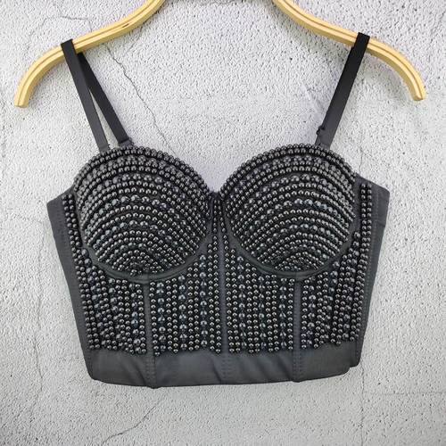 Women jazz dance pearl beaded bra tops white black nightclub bar singers stage performance white black tube top photos vedio shooting sling girly short vest